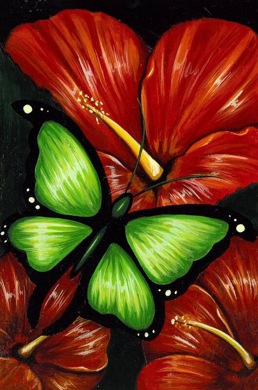 Butterfly Painting Art Print featuring the painting Red Blooms by Elaina Wagner