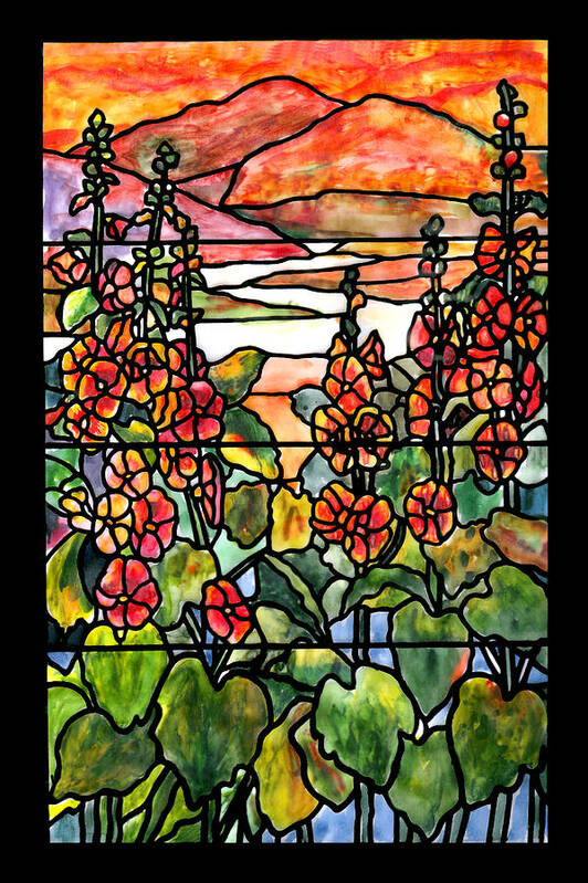 Stained Glass Art Print featuring the painting Stained Glass Tiffany Red hollyhocks in landscape in watercolor by Donna Walsh