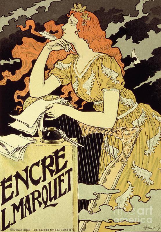 Advert Art Print featuring the drawing Reproduction of a poster advertising 'Marquet Ink' by Eugene Grasset