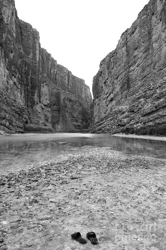 Big Bend National Park Art Print featuring the photograph Sandals in Santa Elena Canyon Big Bend National Park Texas Black and White by Shawn O'Brien