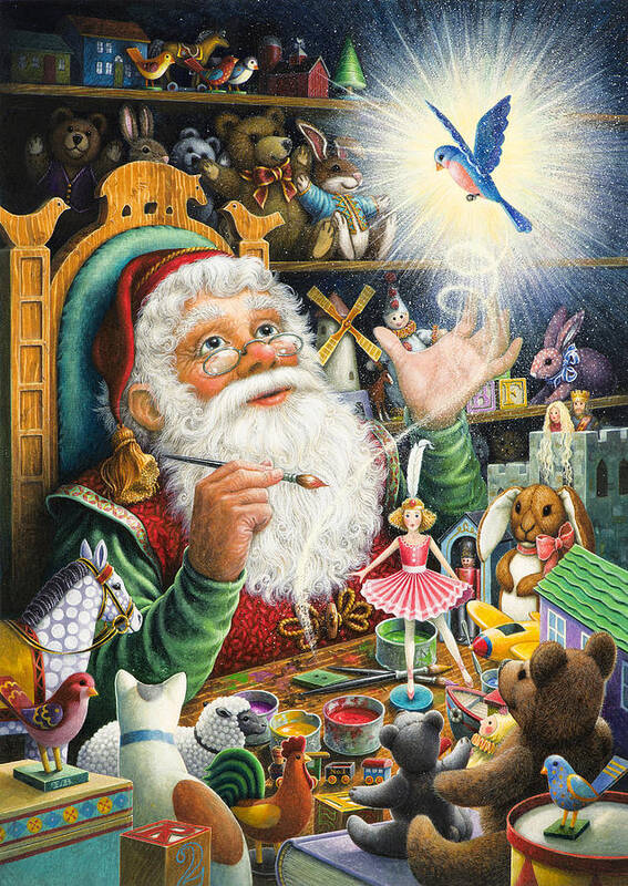 Santa Claus Art Print featuring the painting Santa's Workshop by Lynn Bywaters