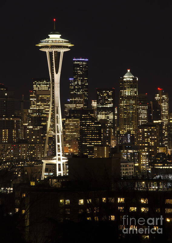 Seattle Art Print featuring the photograph Seattle Skyline At Night 1 by Bob Christopher