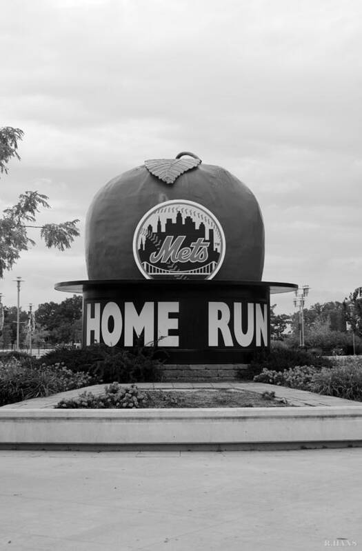 Shea Stadium Art Print featuring the photograph SHEA STADIUM HOME RUN APPLE in BLACK AND WHITE by Rob Hans