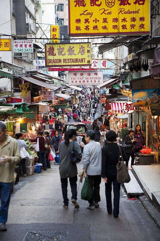 Built Structure Art Print featuring the photograph Shops And Signs In Street, Hong Kong by Cultura Rm Exclusive/nancy Honey