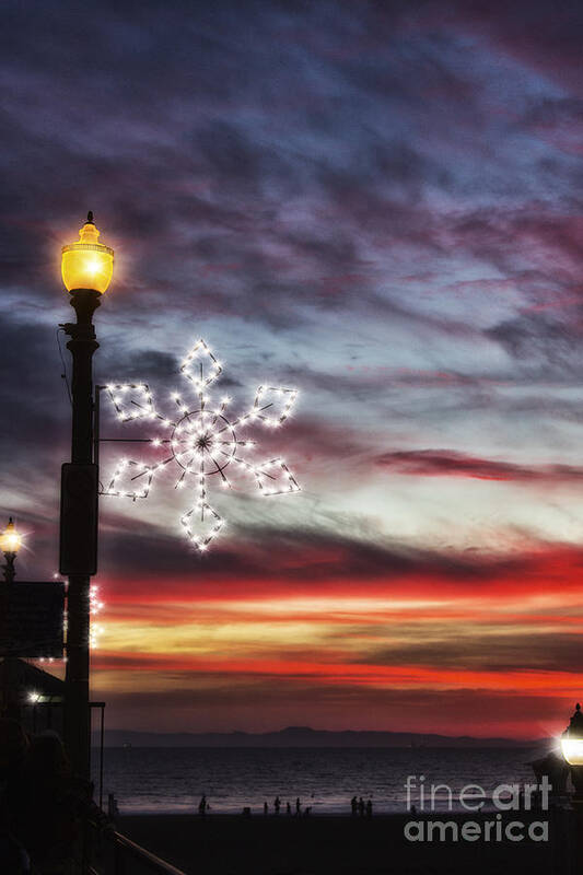 Christmas Card Art Print featuring the photograph Snowflake Lights and Sunset HB Pier 2014 by Susan Gary