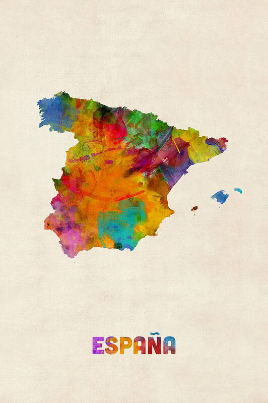 Map Art Art Print featuring the digital art Spain Watercolor Map by Michael Tompsett