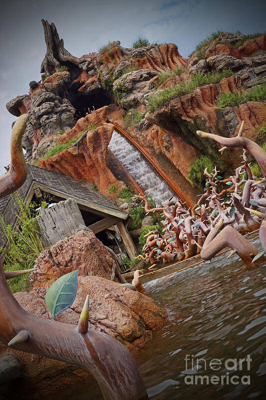 Walt Disney World Magic Kingdom Splash Mountain Frontier Land Thorns Water Sky Clouds Rocks Grass Trees Slide Slip Falls Art Print featuring the photograph Splash Mountain by AK Photography