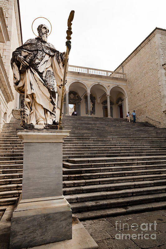 Abbazia Di Montecassino Art Print featuring the photograph Statue of Saint Benedict at Monte cassino Abbey by Peter Noyce