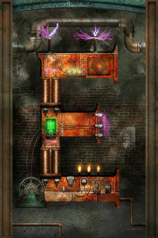 Self Art Print featuring the digital art Steampunk - Alphabet - E is for Electricity by Mike Savad