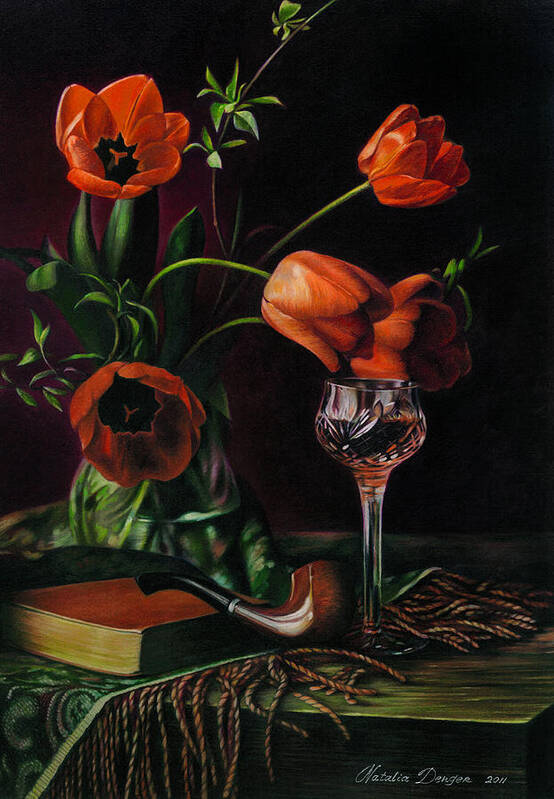 Still Life Art Print featuring the drawing Still Life with Tulips - drawing by Natasha Denger