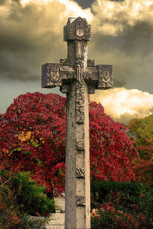 Cross Art Print featuring the photograph Stone Cross in Fall Garden by Lesa Fine
