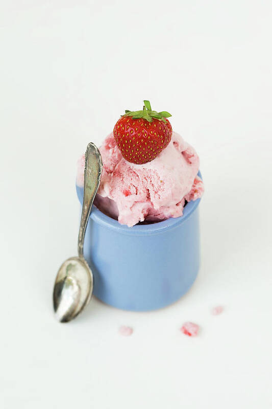 Close-up Art Print featuring the photograph Strawberry Ice Cream In Blue Cup, Spoon by Westend61