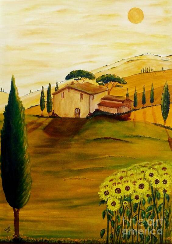 Tuscany Art Print featuring the painting Sunflowers in Tuscany by Christine Huwer