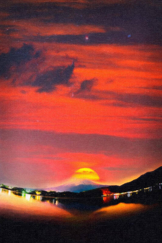Sunset At Mystical Mount Fuji Japan Art Art Print featuring the painting Sunset At Mystical Mount Fuji Japan Art by MotionAge Designs