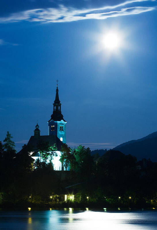 Supermoon Art Print featuring the photograph Supermoon over bled Island Church by Ian Middleton