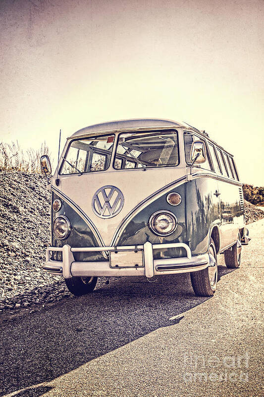 Surfers Vintage Bus Art Print featuring the photograph Surfer's Vintage VW Samba Bus at the beach by Edward Fielding