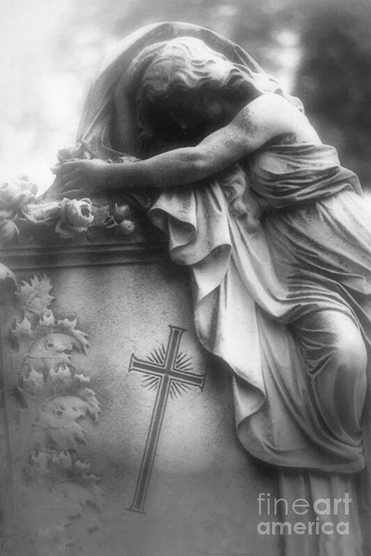 Black And White Cemetery Photos Art Print featuring the photograph Surreal Gothic Cemetery Angel Mourner Draped Over Coffin With Cross- Haunting Cemetery Sculpture Art by Kathy Fornal