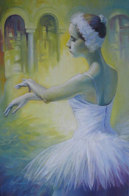 Ballerina Art Print featuring the painting Swan dance by Elena Oleniuc