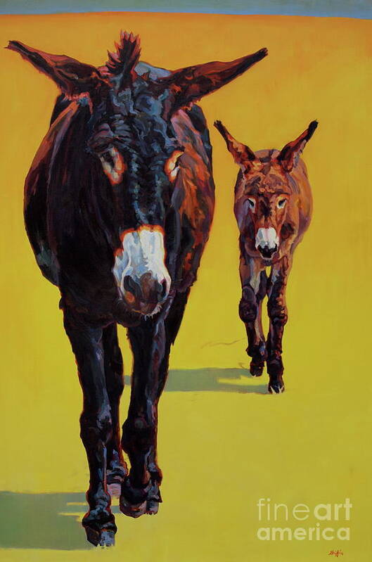 Burro Art Print featuring the painting Tag Along by Patricia A Griffin