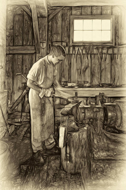 Blacksmith Art Print featuring the photograph The Apprentice - Paint sepia by Steve Harrington