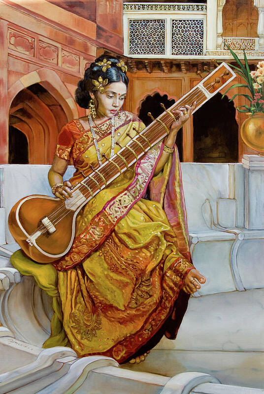 India Paintings Art Print featuring the painting The girl with the sitar by Dominique Amendola