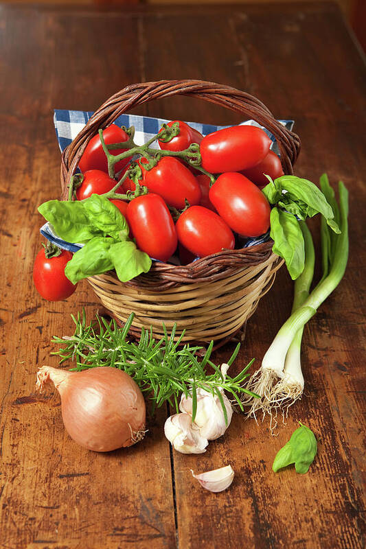 Italian Food Art Print featuring the photograph Tomatoes In Basket, Onions, Rosemary by Ursula Alter