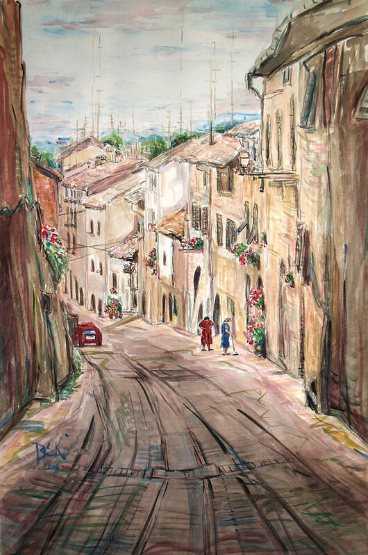 Landscape Art Print featuring the painting Two Women on the Street by Becky Kim