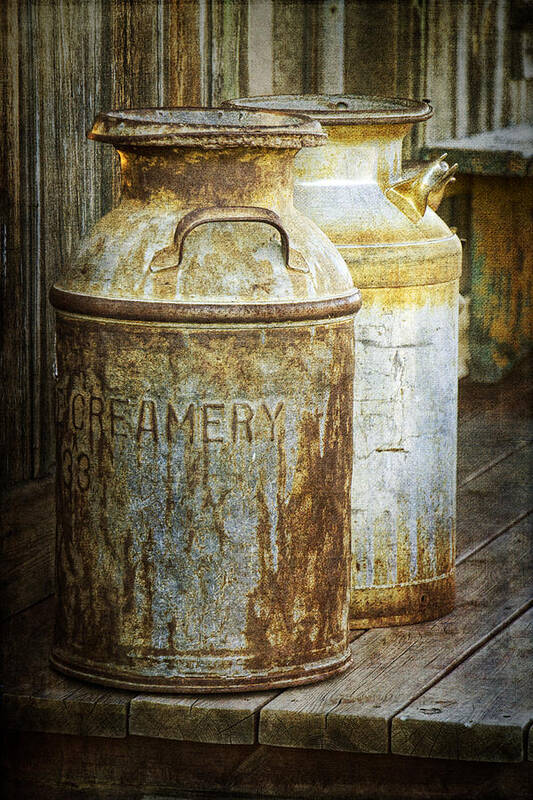 Creamery Can Art Print featuring the photograph Vintage Creamery Cans in 1880 Town in South Dakota by Randall Nyhof