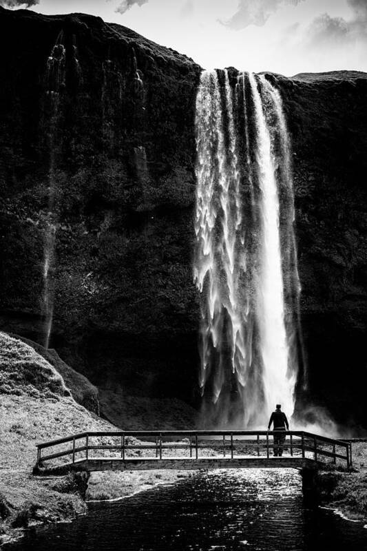 Iceland Art Print featuring the photograph Waterfall Seljalandsfoss Iceland black and white stark contrast by Matthias Hauser