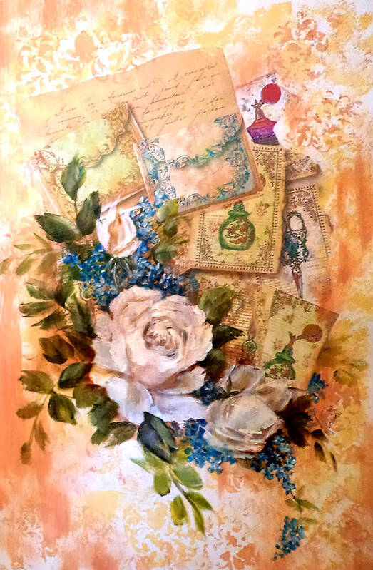 Roses Art Print featuring the painting White roses and forget me nots on decoupaged background by Patricia Rachidi