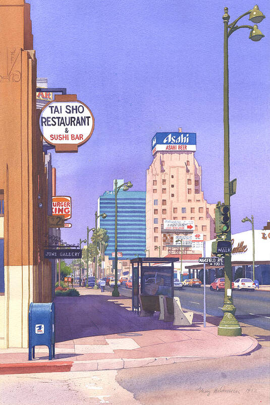 Los Angeles Art Print featuring the painting Wilshire Blvd at Mansfield by Mary Helmreich