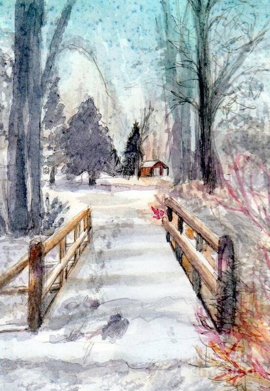 Watercolor Art Print featuring the painting Winter Bridge by Deb Stroh-Larson