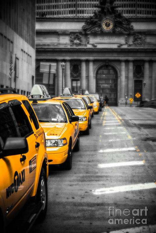 Nyc Art Print featuring the photograph Yellow Cabs waiting - Grand Central Terminal - bw o by Hannes Cmarits