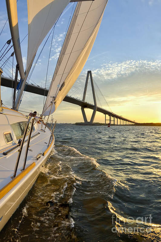 Sailing Art Print featuring the photograph Sailing on the Charleston Harbor During Sunset #1 by Dustin K Ryan