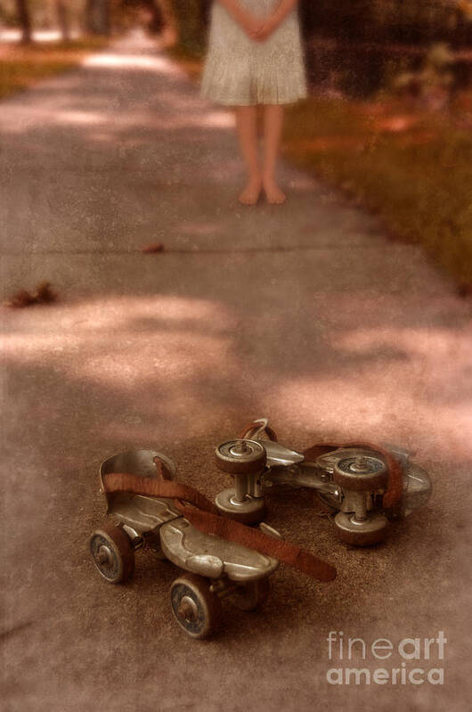 Barefoot Art Print featuring the photograph Barefoot Girl on Sidewalk with Roller Skates by Jill Battaglia