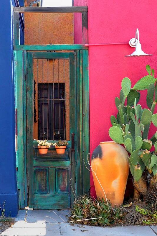 Tucson Art Print featuring the photograph Barrio Door Pink Blue and Gray by Mark Valentine