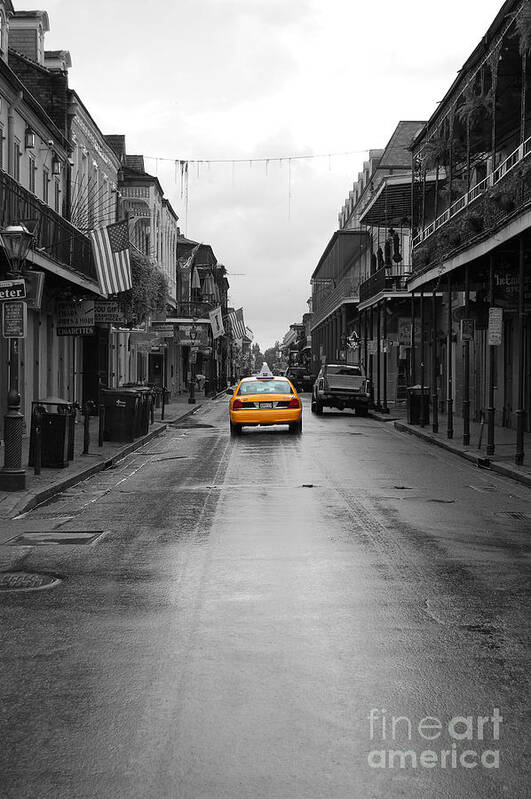 Travelpixpro French Quarter Art Print featuring the photograph Bourbon Street Taxi Cab French Quarter New Orleans Color Splash Black and White by Shawn O'Brien