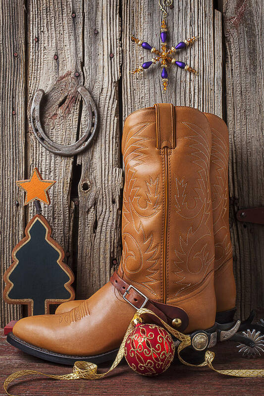Boot Art Print featuring the photograph Cowboy boots and Christmas ornaments by Garry Gay