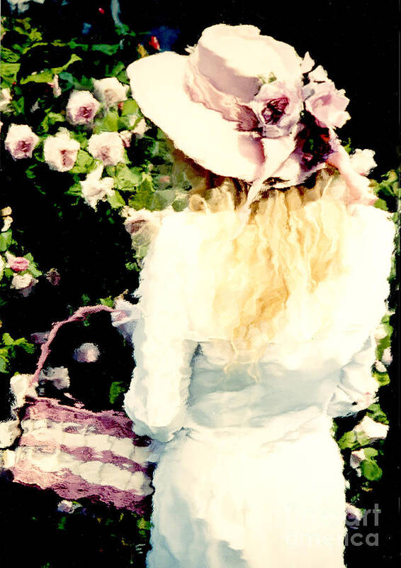 Cottage Garden Prints Art Print featuring the photograph Dreamy Cottage Chic Girl Holding Basket Roses by Kathy Fornal