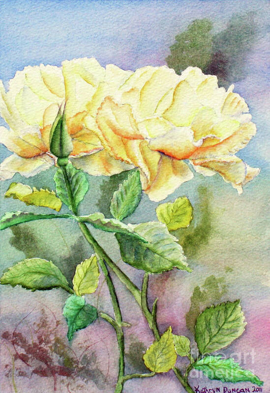 Yellow Roses Art Print featuring the painting Golden Ladies by Kathryn Duncan