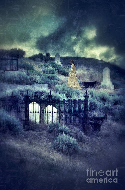 Iron Art Print featuring the photograph Lady Walking in Cemetery by Jill Battaglia