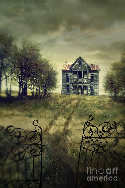Alone Art Print featuring the photograph Moody fall scene with farm house on a hill by Sandra Cunningham