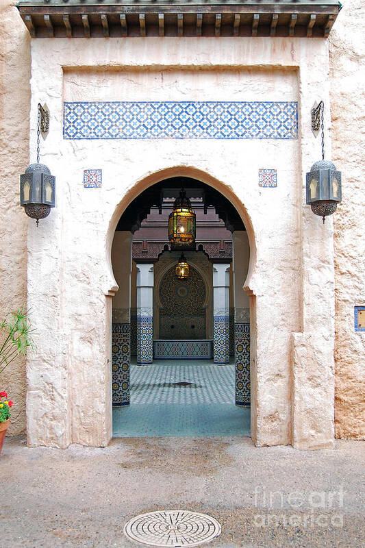 Epcot Art Print featuring the photograph Morocco Pavilion Doorway Lamps Courtyard Fountain EPCOT Walt Disney World Prints by Shawn O'Brien