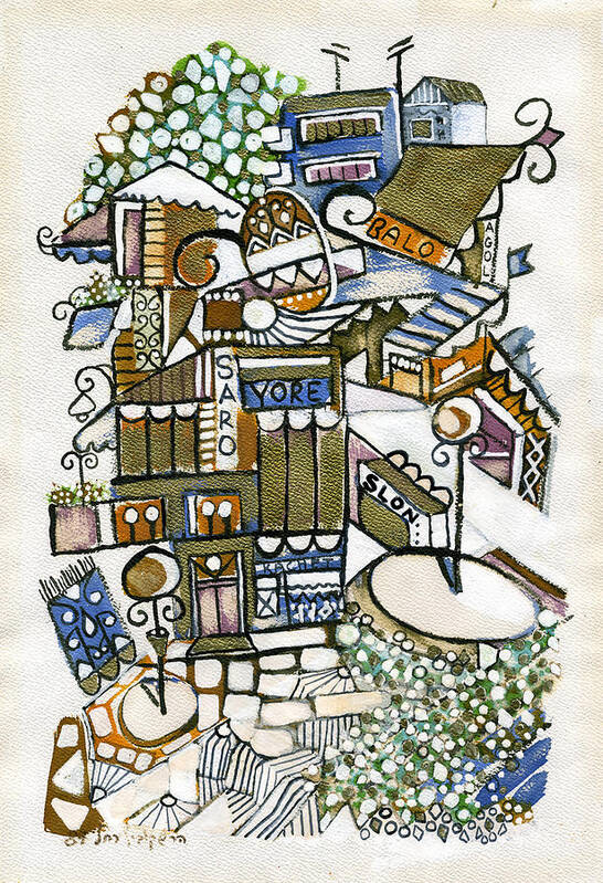 Old Art Print featuring the painting Old Jerusalem alleys 3 in brown blue and white with doors fences squares shades and rooftops by Rachel Hershkovitz