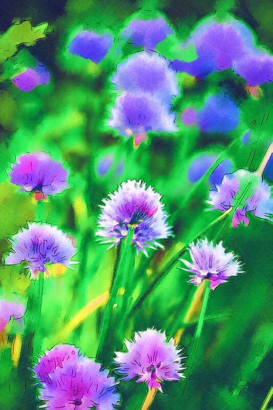 Chives Art Print featuring the photograph Purple and Green Chive Watercolor by Kathy Clark