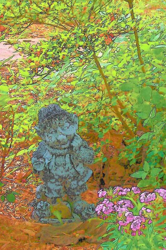Pixies Gardens Flowers Greenery Nature Elves Gnomes Leprachauns Art Print featuring the digital art Puzzled by Wide Awake Arts