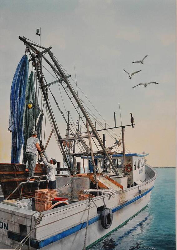 Boats Art Print featuring the painting Shrimpers by Robert W Cook