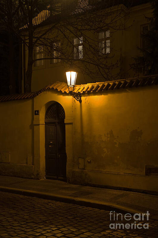 Light Art Print featuring the photograph Street in Prague by night by Jorgen Norgaard