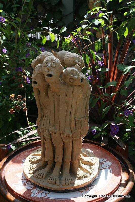 Suffering Art Print featuring the sculpture Suffering Circle ceramic sculpture brown clay by Rachel Hershkovitz