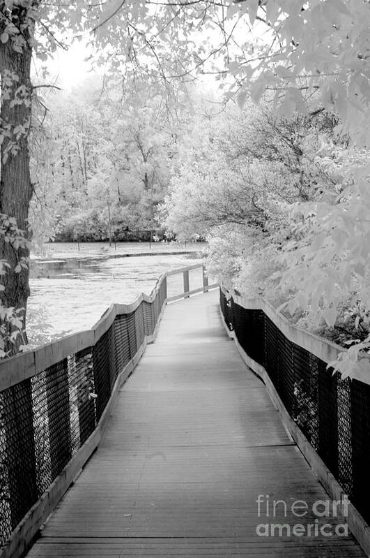 Infrared Art Print featuring the photograph Infrared Surreal Black White Infrared Bridge Walk by Kathy Fornal